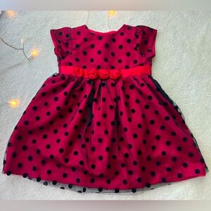 Baby Girl Red And Black Polka Dot Dress with Red Roses on the Belt